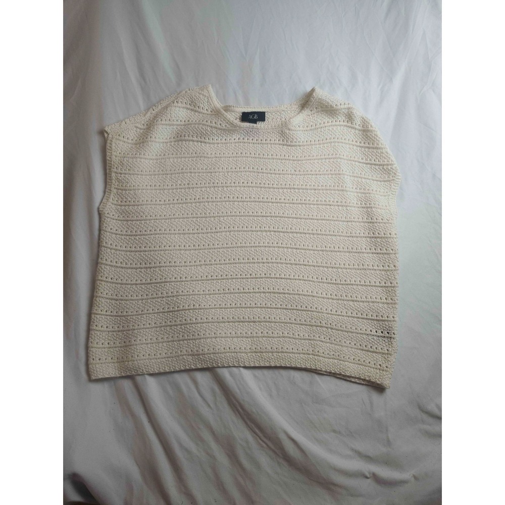 AGB Knit Sweater Vest Womens Large Ivory Pointelle Sleeveless Layering Piece